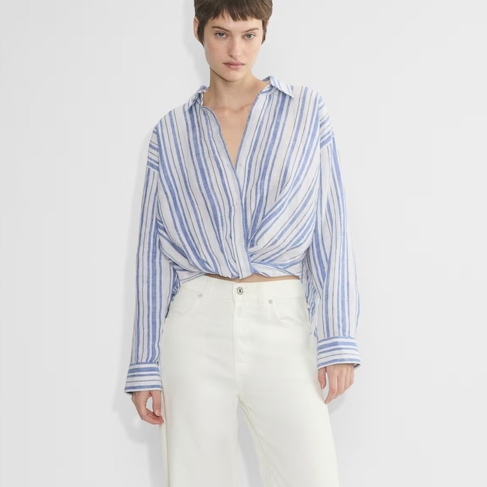 Aritzia Womens Portofino Relaxed Linen Button Up Striped Blue Shirt Size XS